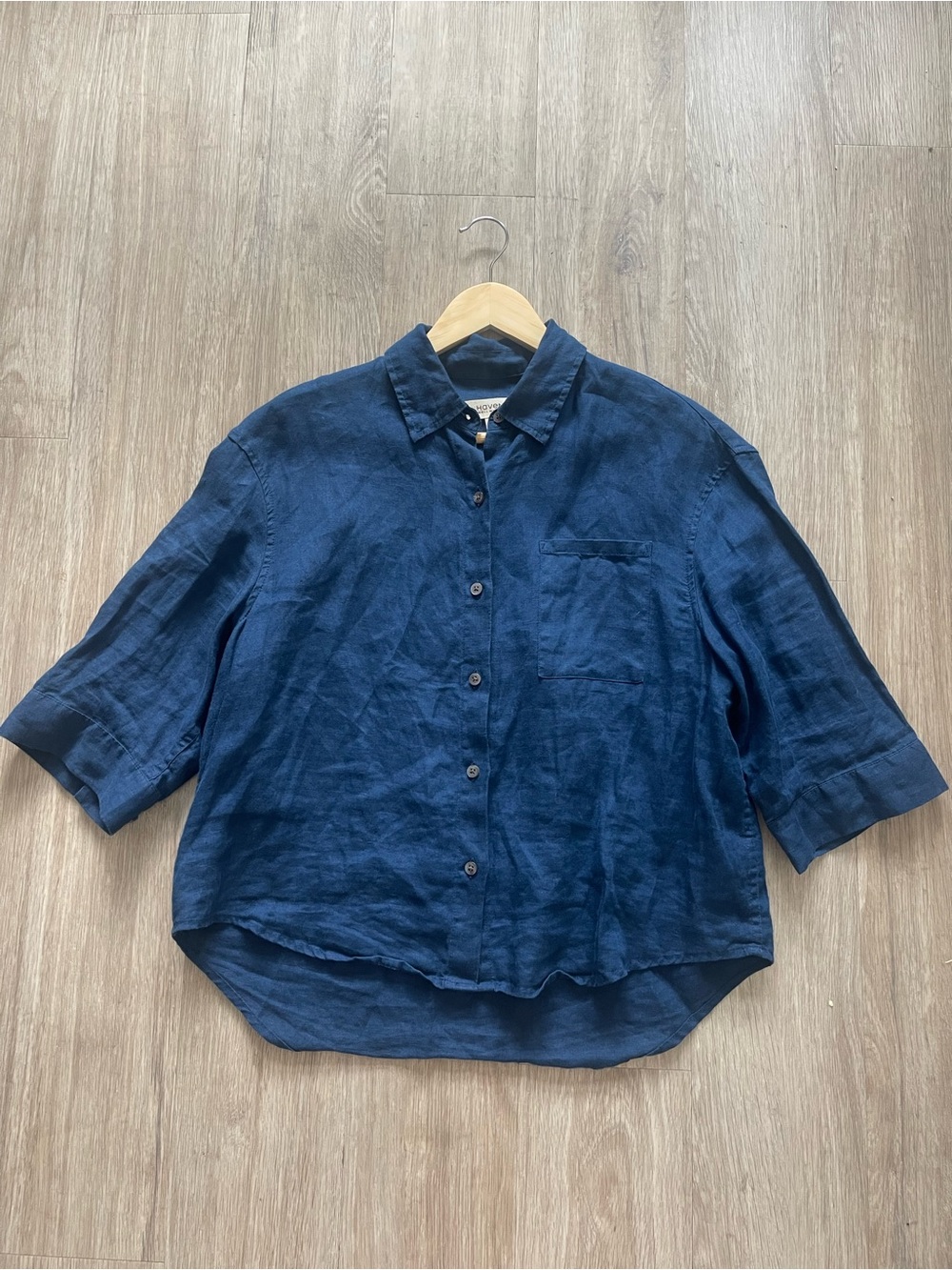 Haven Well Within 100% Linen Navy Button Front Shirt Size S Oversized